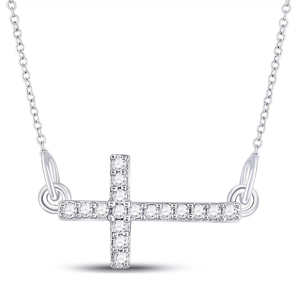 Sterling Silver Round Diamond Horizontal Sideways Cross Necklace