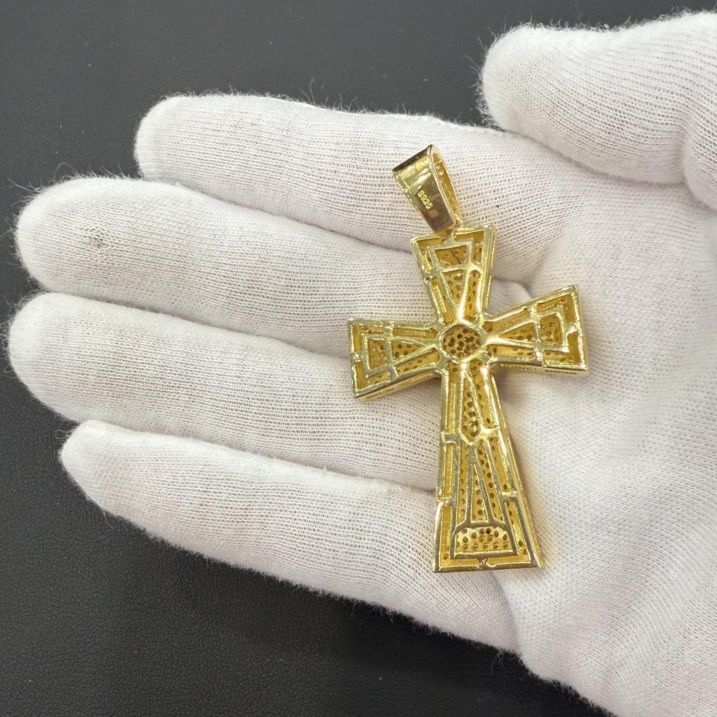 Cross Pendant Charm 925 Sterling Silver Gold Plated Iced Out 2.4"