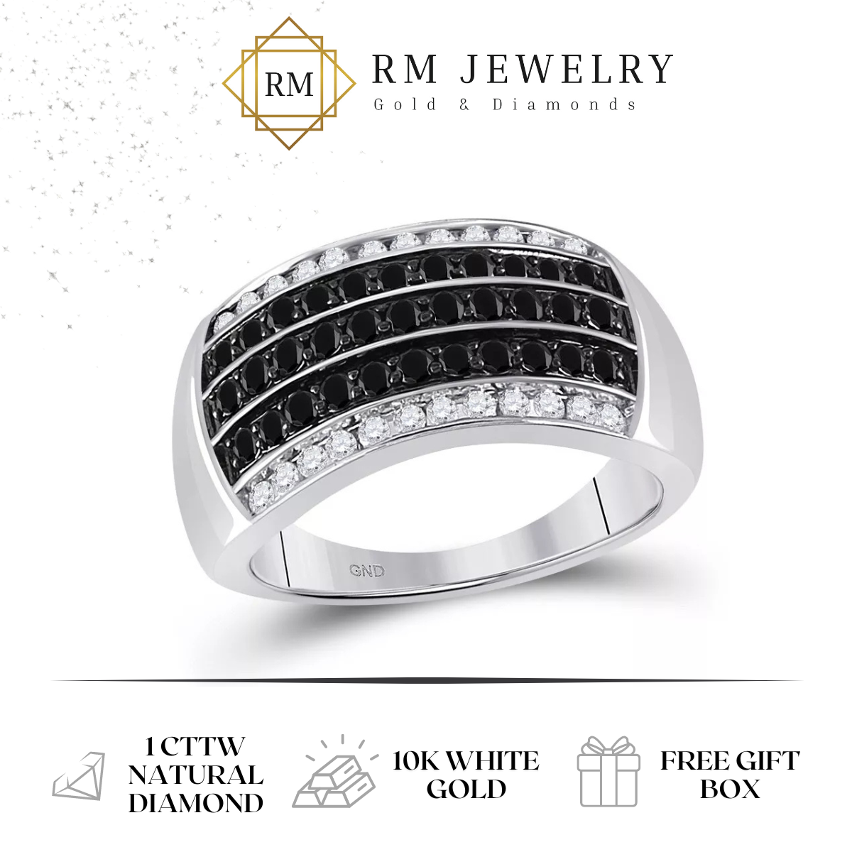 1.00cttw Black Round Diamond Mens Band 10k White Gold Ring