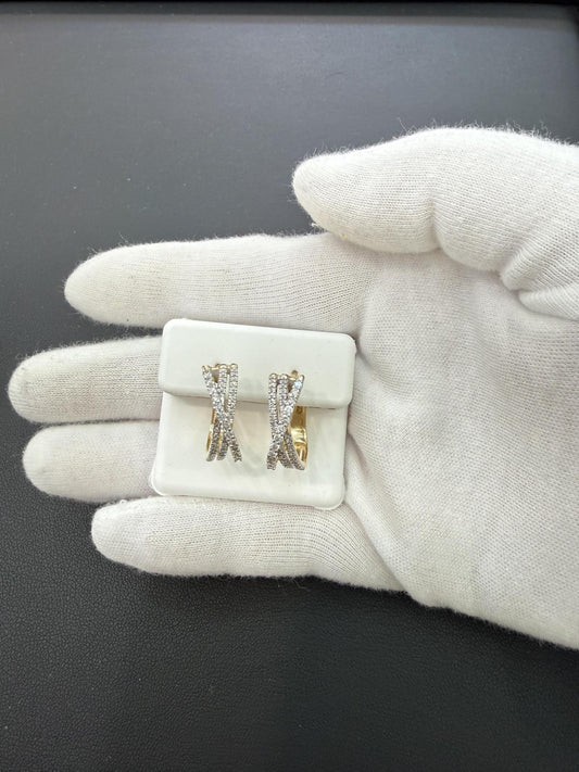 0.75ctw Diamond Huggie Hoop Earrings 10k Yellow Gold Criss Cross