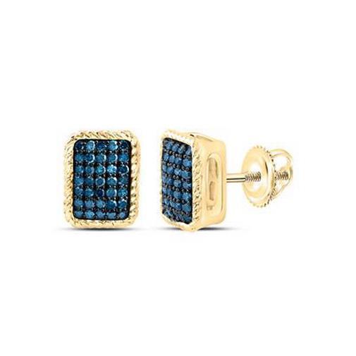 0.33ctw Blue Diamond Rectangle Earrings 10K Yellow Gold Screw Back