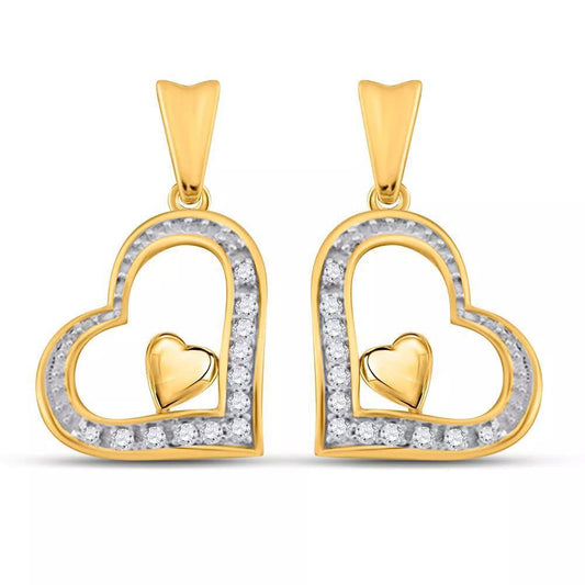 10kt Yellow Gold Round Diamond Heart Dangle Earrings