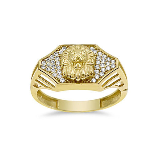 14k Yellow Gold Lion Head Mens Signet Pinky Ring CZ