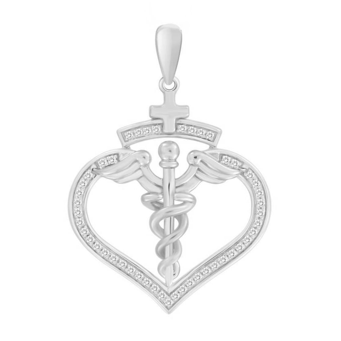 Diamond Caduceus Heart Pendant 10K White Gold Nurse Doctor Medical Jewelry