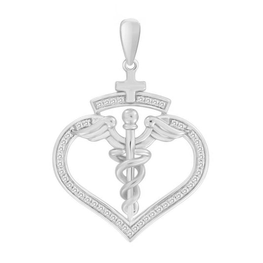 Diamond Caduceus Heart Pendant 10K White Gold Nurse Doctor Medical Jewelry