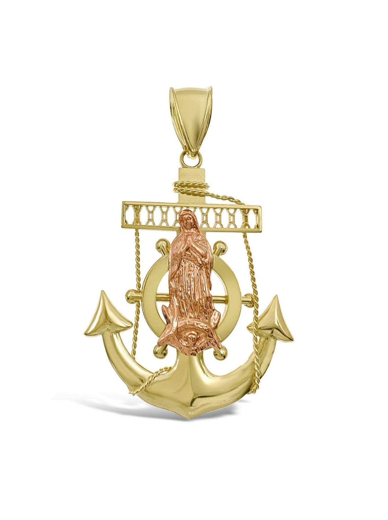 Lady Guadalupe Virgin Mary Anchor Pendant 10k Yellow Rose Gold Charm 2.4"