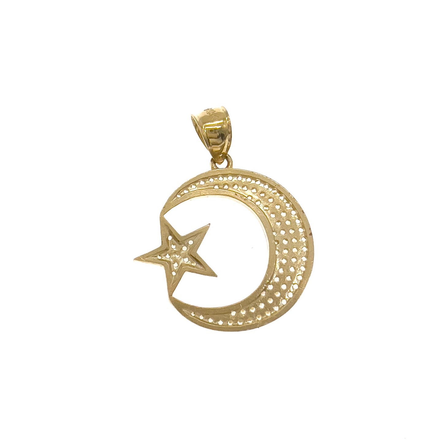 Moon Star Islamic Muslim Pendant 10k Yellow Gold Cz Charm 1.2"