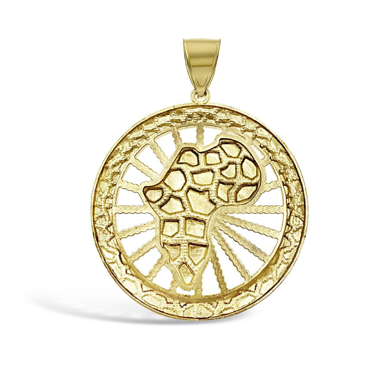 Africa Map Continent Pendant Nugget Mens Round Charm 10k Yellow Gold 1.9 inch