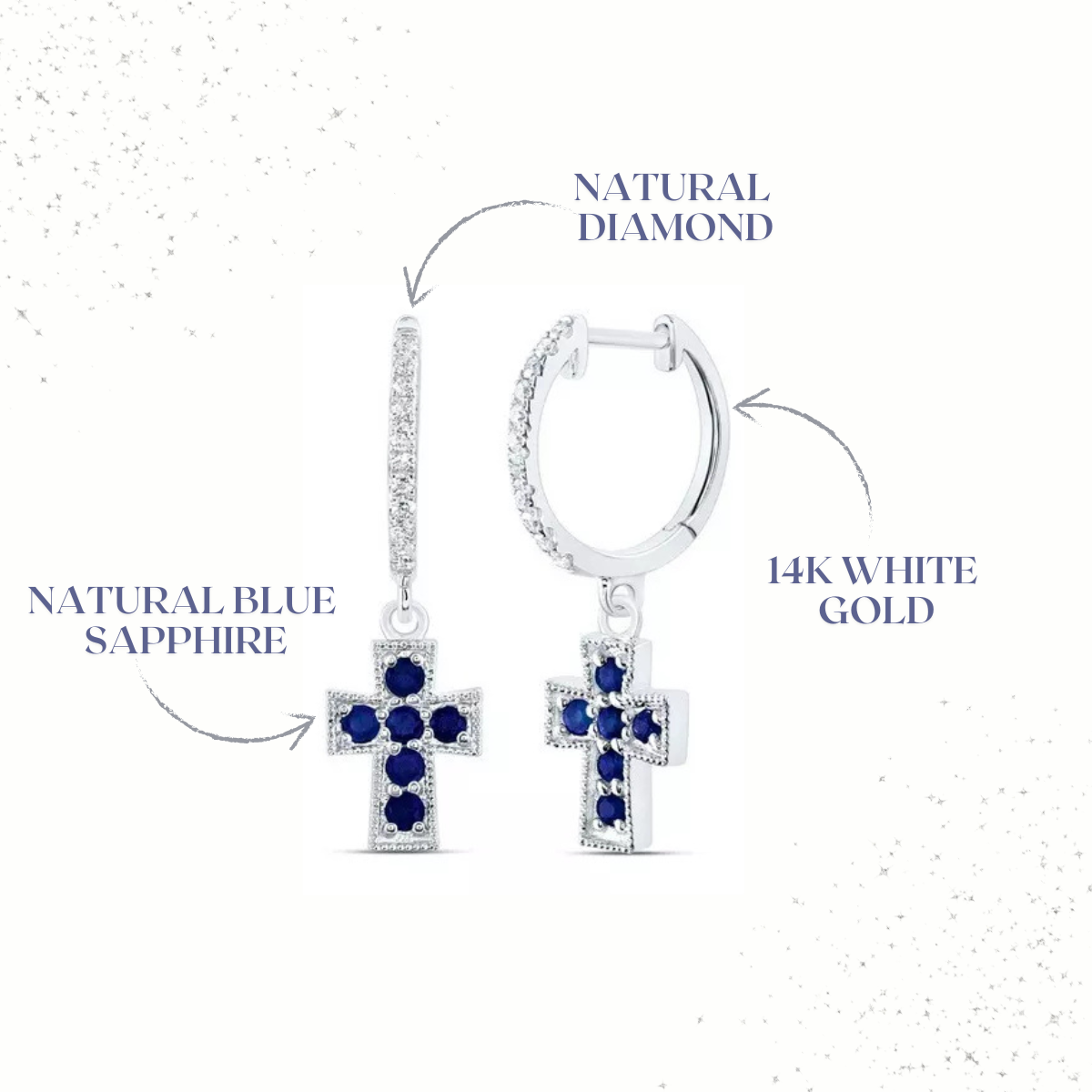 Natural Blue Sapphire & Diamond Cross Hoop Dangle Earrings 14k White Gold