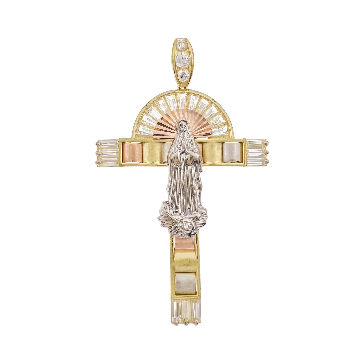 10k Tri Color Gold Virgin Mary Cross Pendant
