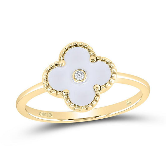 Solitaire Diamond Clover White Enameled Ring 10K Yellow Gold