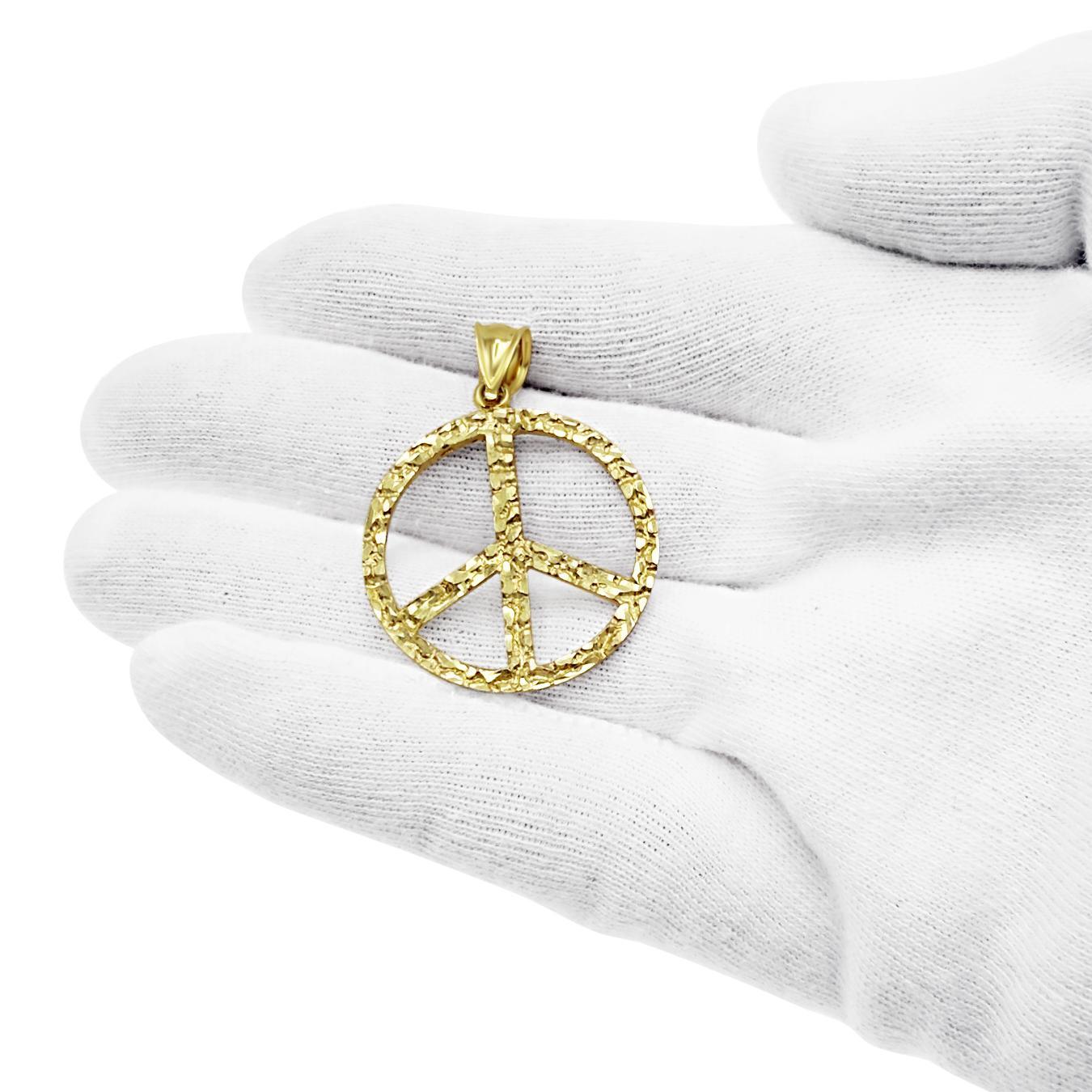 10K Yellow Gold Round Charm Friendship Pacifism Pendant 1.5 in