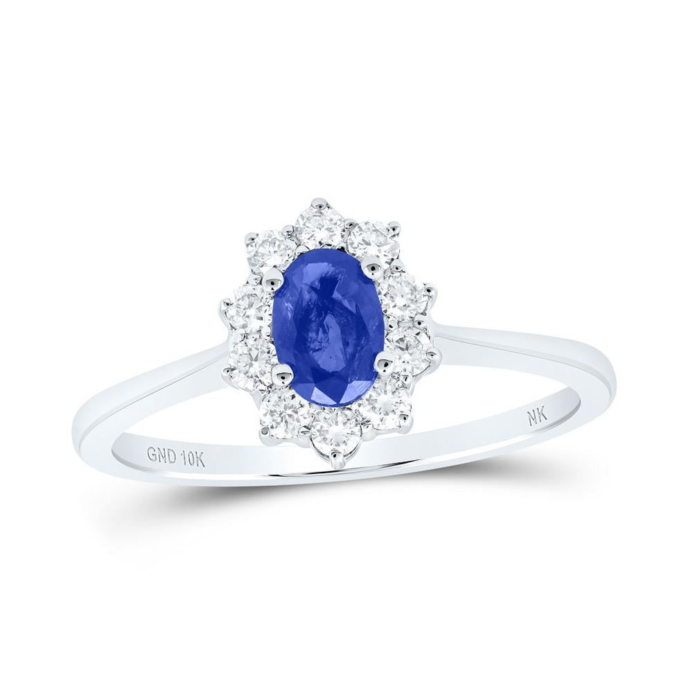 Oval Sapphire Diamond Halo Ring 10K White Gold
