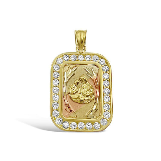 10k Tri Color Gold Holy Family Pendant CZ Border Religious Charm