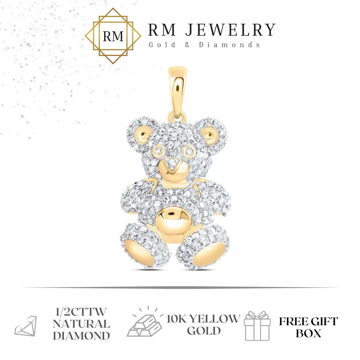 0.63ctw Diamond Teddy Bear Pendant Charm 10k Yellow Gold