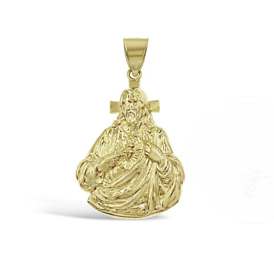 Sacred Heart Jesus Cross Pendant 10K Yellow Gold Religious Charm 1.5 inch