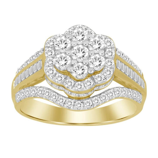 1.00cttw Diamond Round / Baguette Flower Ring 10k Yellow Gold