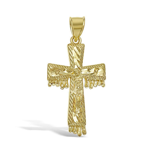 Cross Crucifix Dripping Pendant Charm 10k Yellow Gold Diamond Cut 1.5"