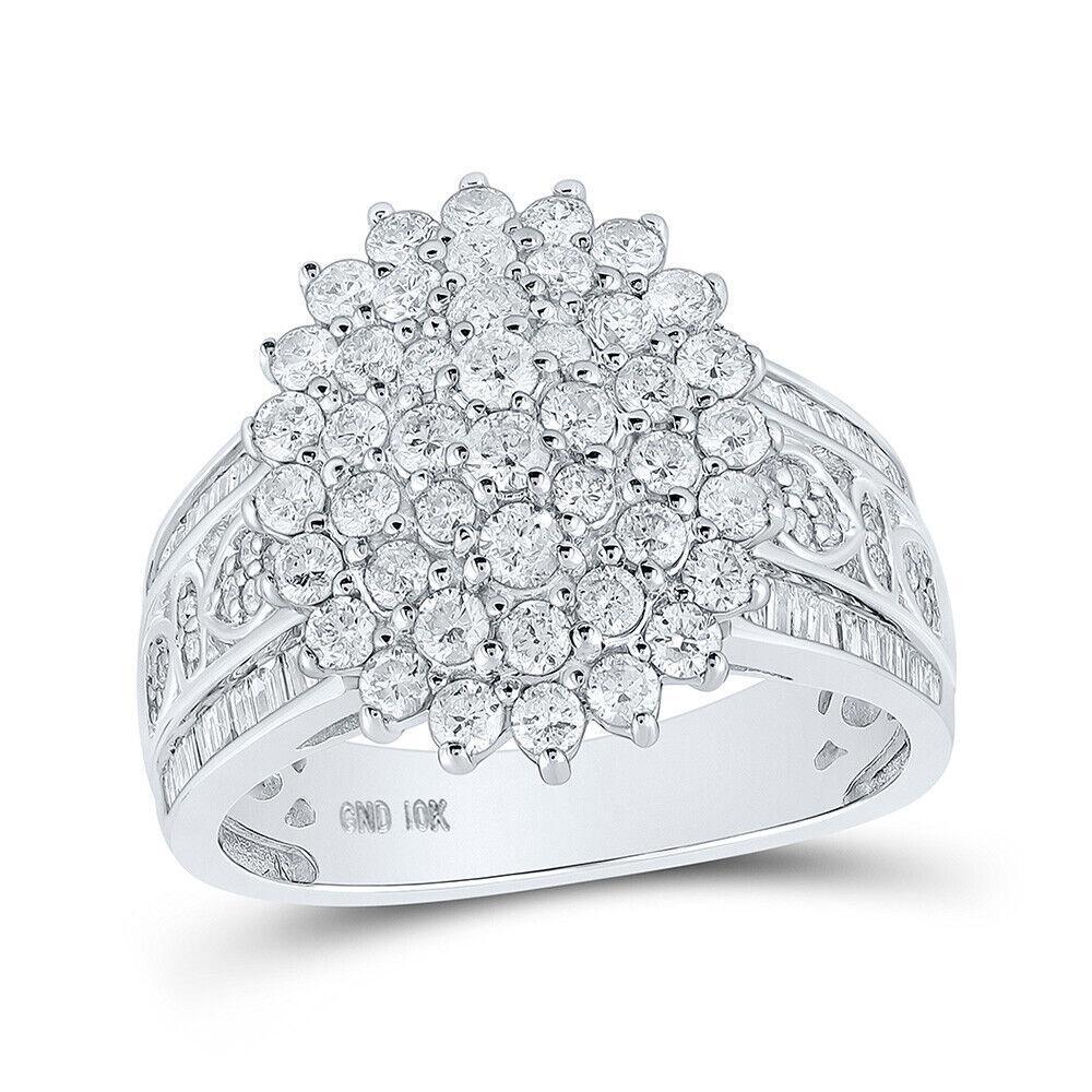 1.50 Cttw Baguette / Round Diamond Cluster Womens Ring 10k White Gold