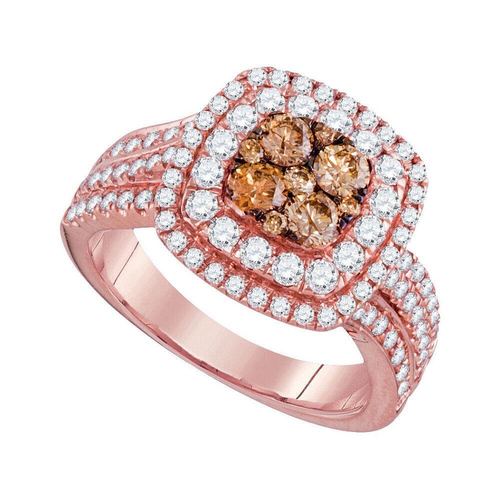 Brown Diamond Cushion Cluster Ring 14k Rose Gold Womens Band 1-1/2 Cttw