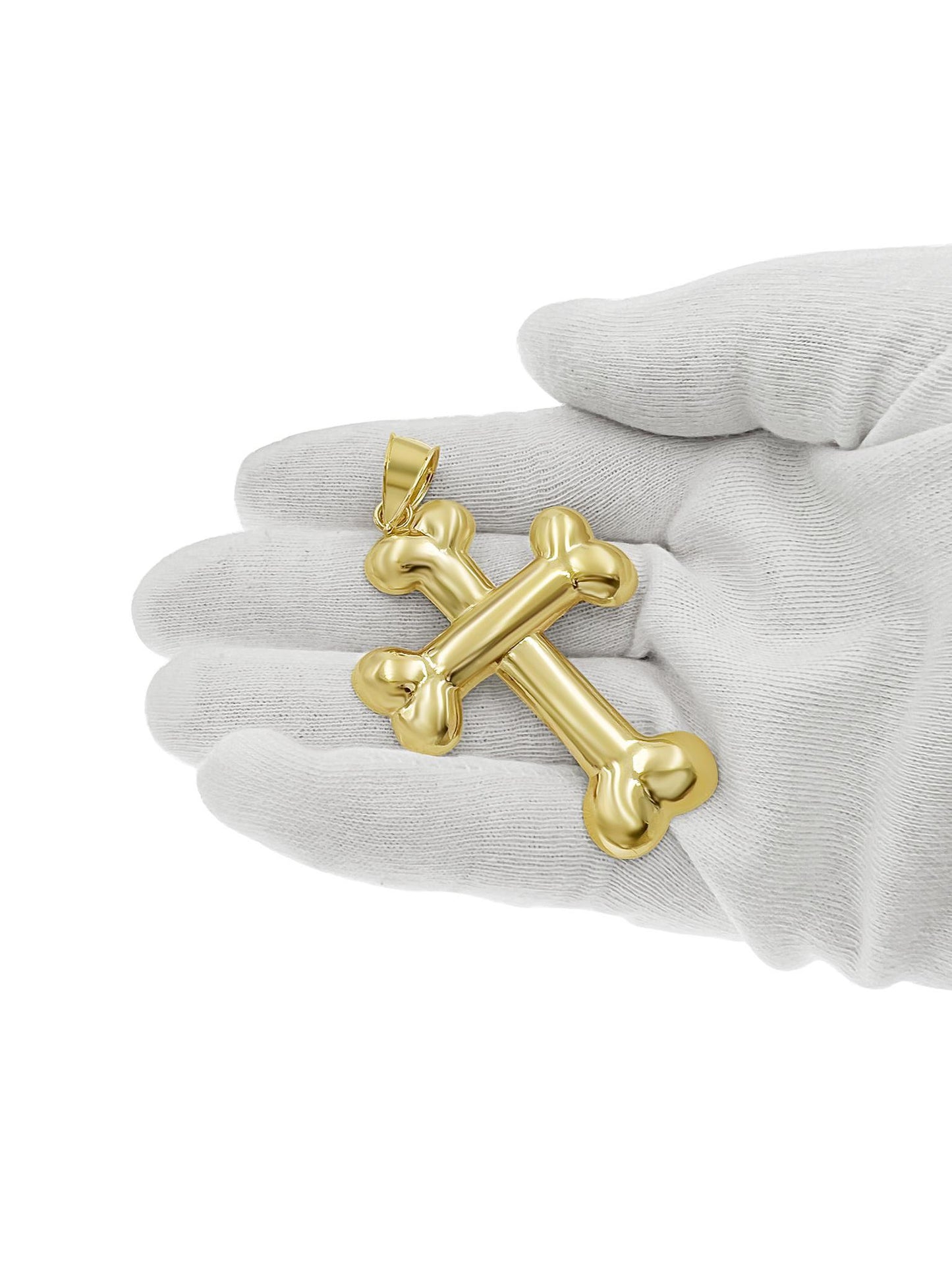 10K Yellow Gold Puffy Bone Style Cross Pendant Charm 2.7 inch