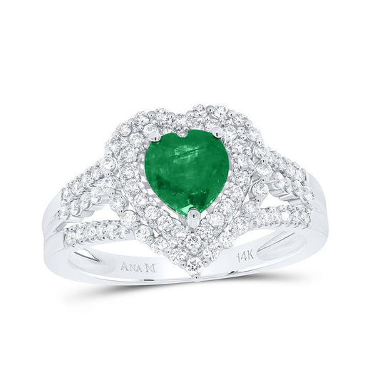 Natural Emerald Heart & Round Diamond Halo Womens Ring 14k White Gold