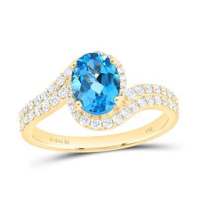Blue Topaz Diamond Bypass Halo Ring 14K Yellow Gold
