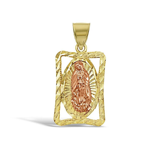 10K Two tone Gold Rectangle Religious Lady of Guadalupe Pendant 1.4 in