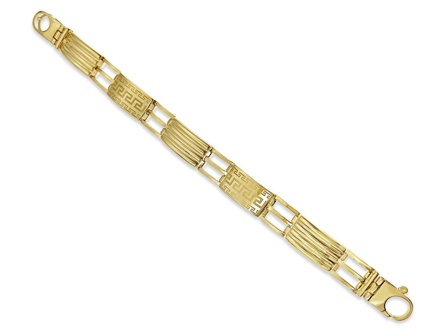 12mm Greek Key Link Bracelet 10k Yellow Gold Railroad Mens 8.5"