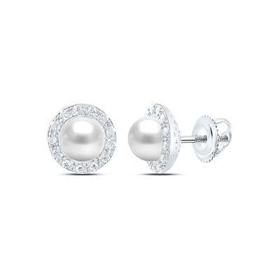 Natural Pearl Diamond Halo Stud Earrings 14K White Gold Screw Back