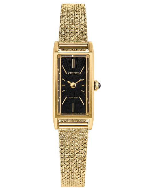 Citizen Fio Eco-Drive Rectangle Gold Tone Black Dial Womens Watch EG7128-59E