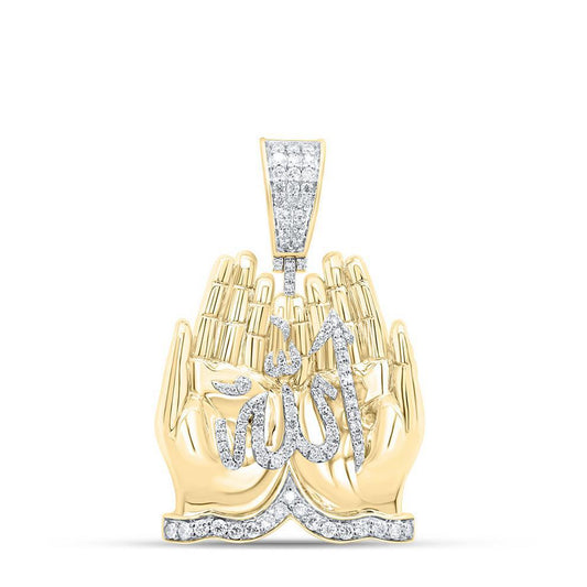 0.87 Ctw Round Diamond Praying Hands Allah Muslim Pendant Charm 10k Yellow Gold