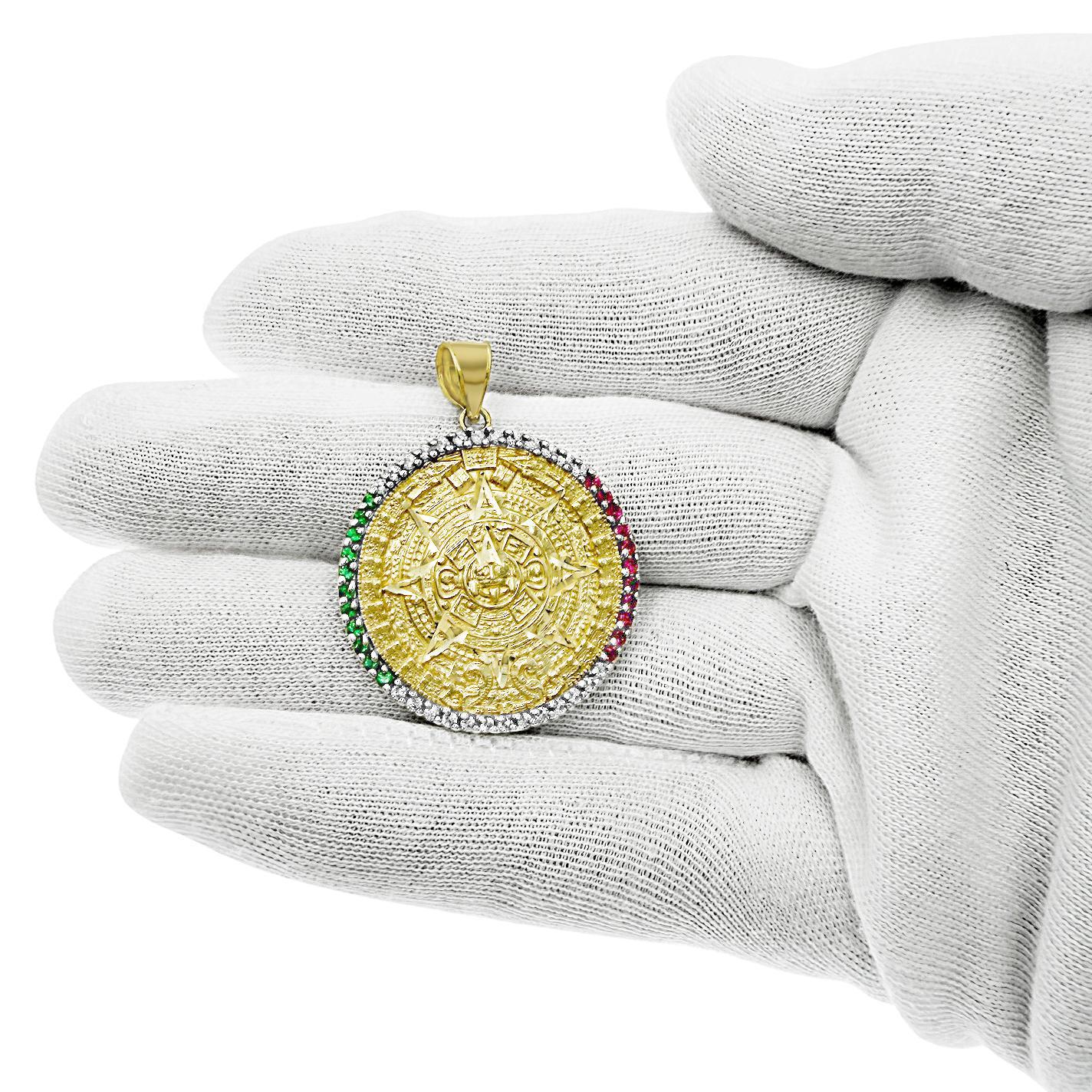 10K Yellow Gold Aztec Calendar Pendant Round Mexico Flag Colors Charm 1.4 inch