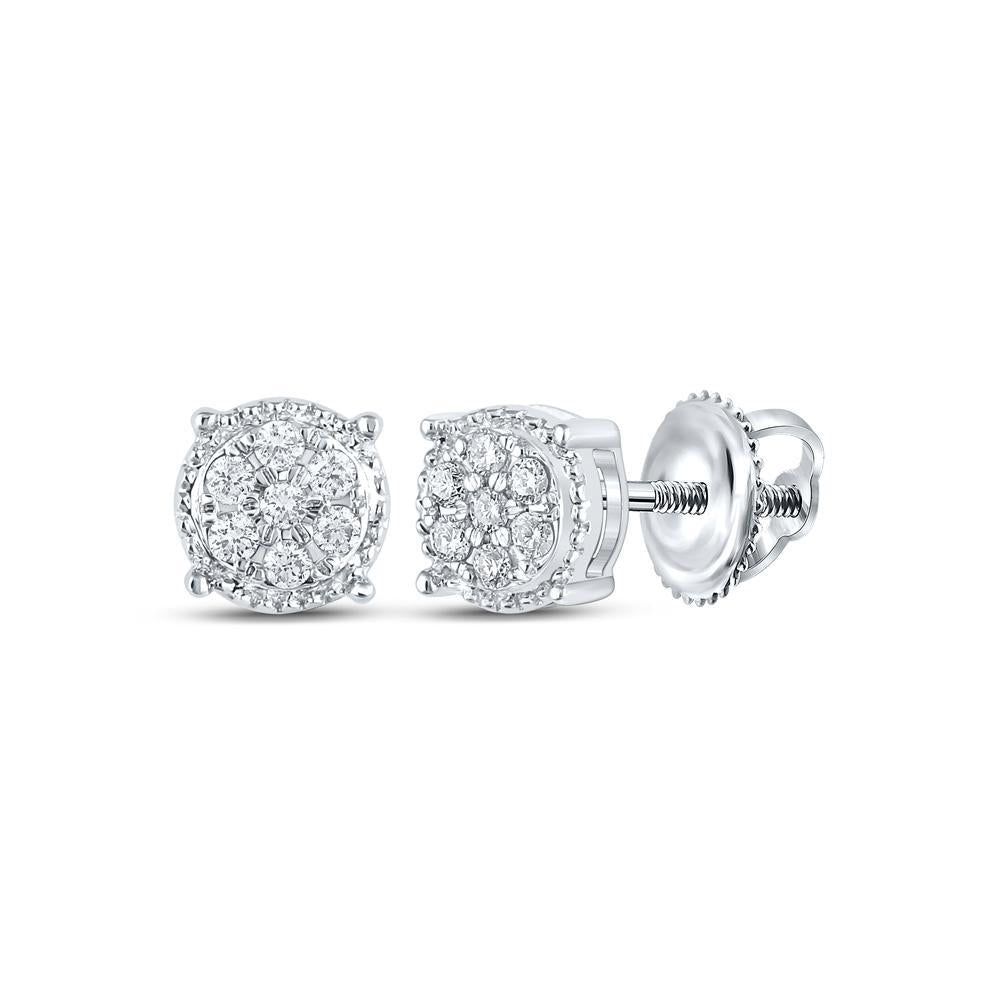 Diamond Stud Earrings 10K White Gold Round Cluster Screw Back