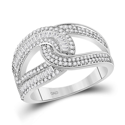0.73 cttw Baguette Round Diamond Intertwined Womens Ring Band 10k White Gold