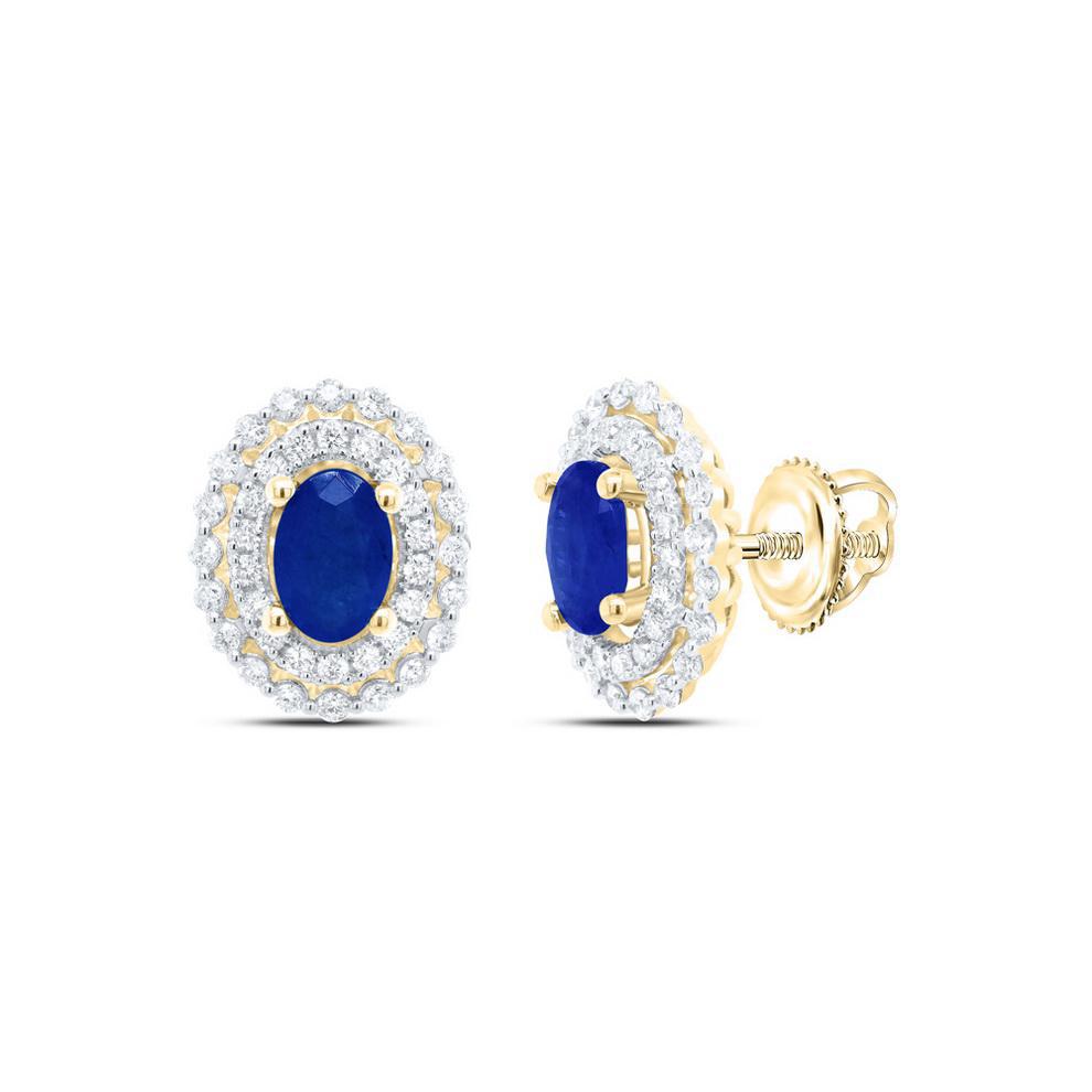 Oval Sapphire and Diamond Double Halo Stud Earrings in 14K Yellow Gold