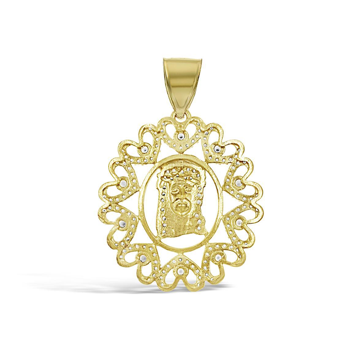 14K Two Tone Gold Jesus Head Heart Frame Pendant With CZ Religious Charm 1.6 in