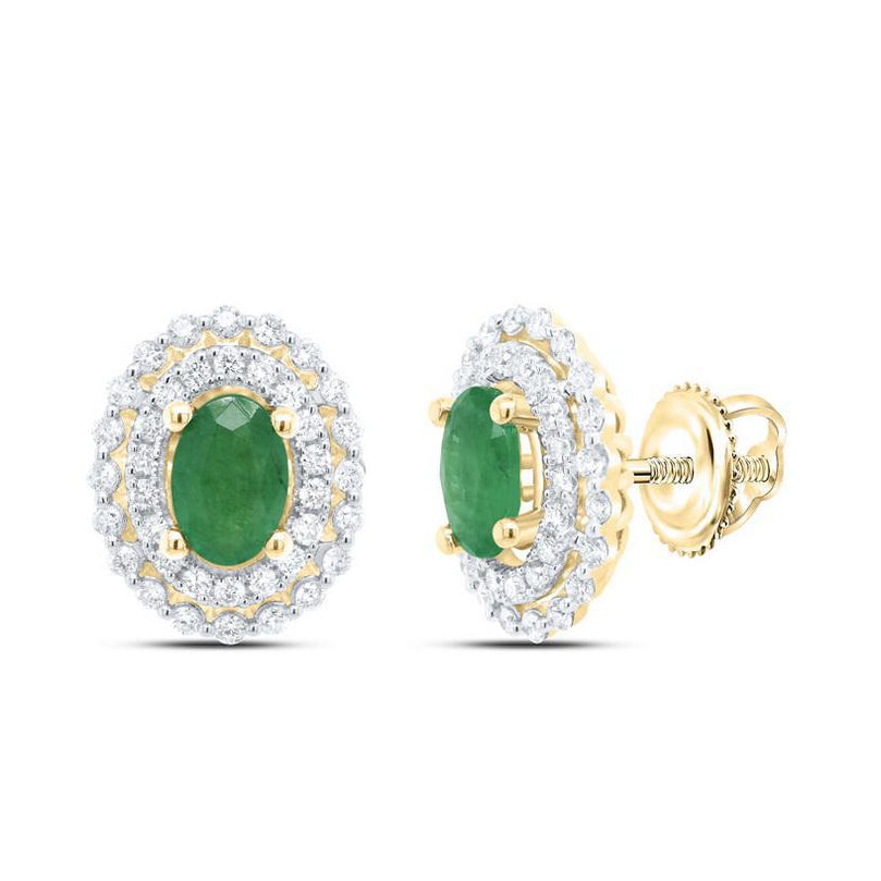 Emerald Diamond Oval Stud Earrings 14K Yellow Gold