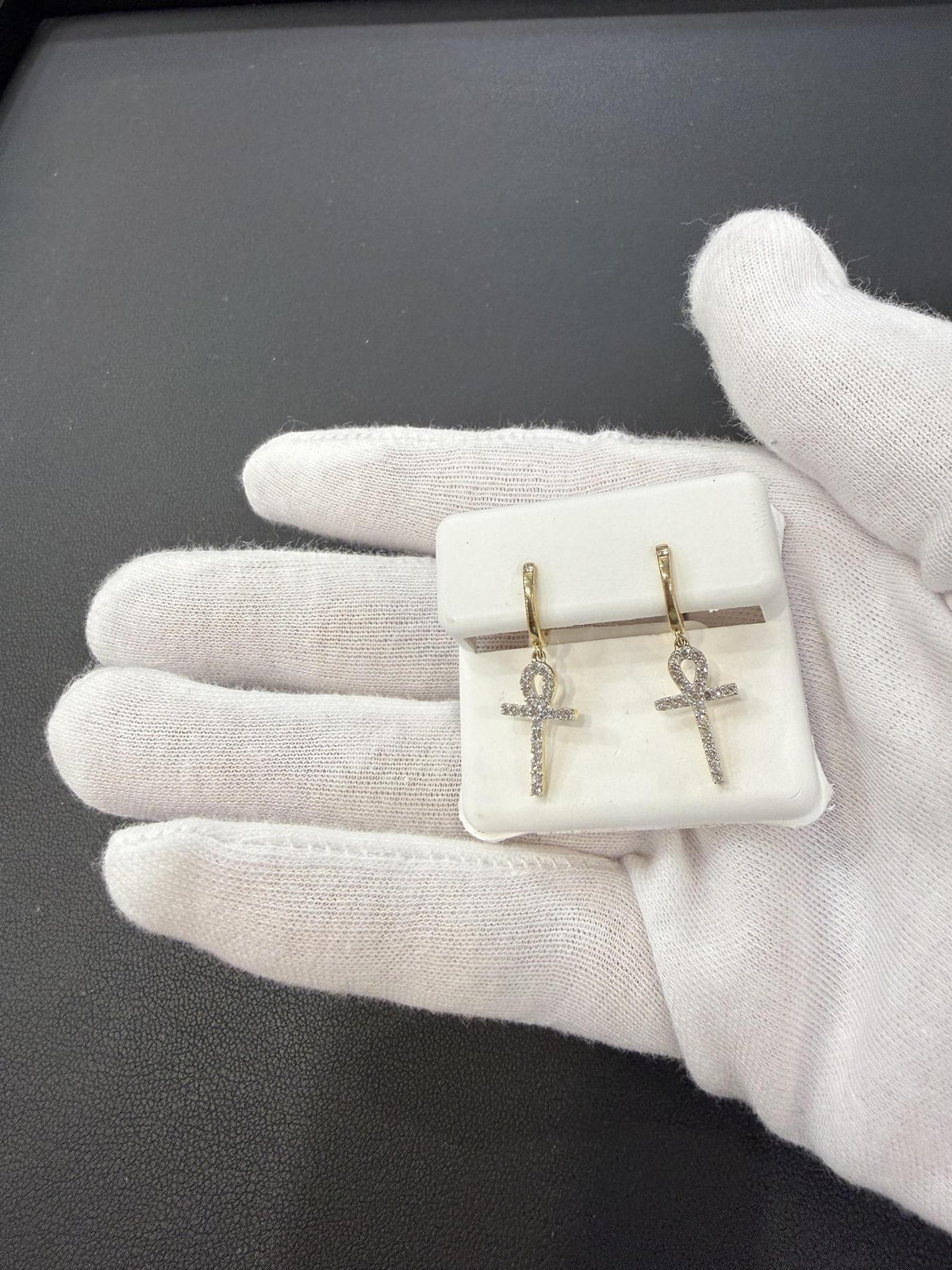 Diamond Ankh Cross Dangle Hoop Earrings 10K Yellow Gold