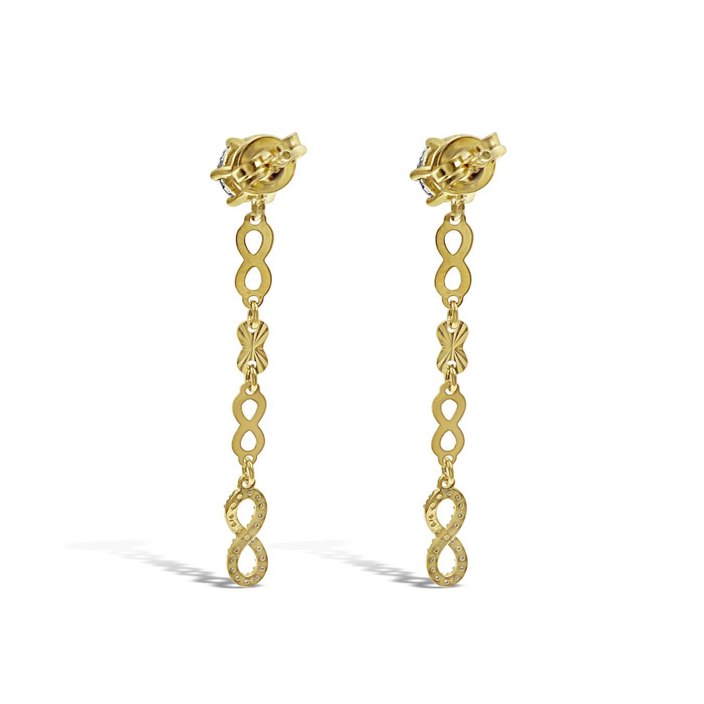 Infinity Drop Dangle Earrings Real 14k Yellow Gold Stud CZ