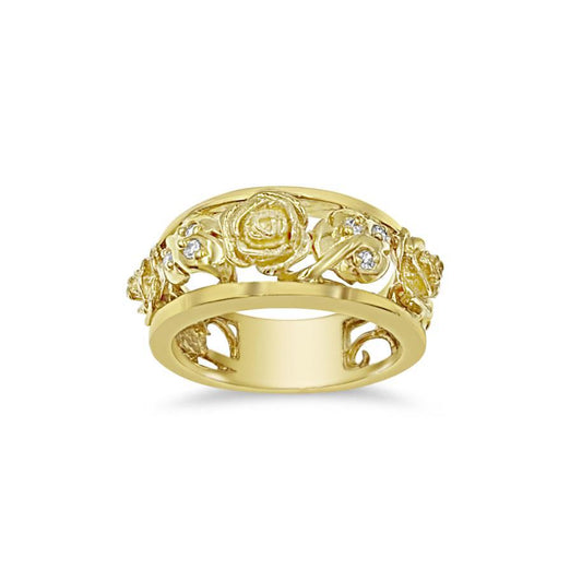 14K Yellow Gold Rose Band Ring CZ Openwork