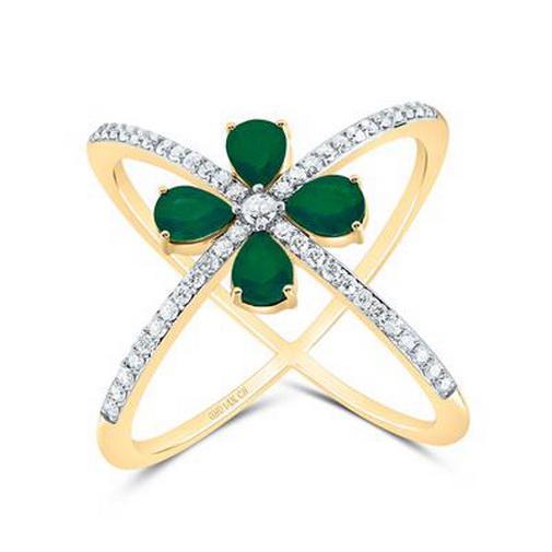 Natural Emerald & Round Diamond Crisscross X Ring 14k Yellow Gold 1.2 Cttw
