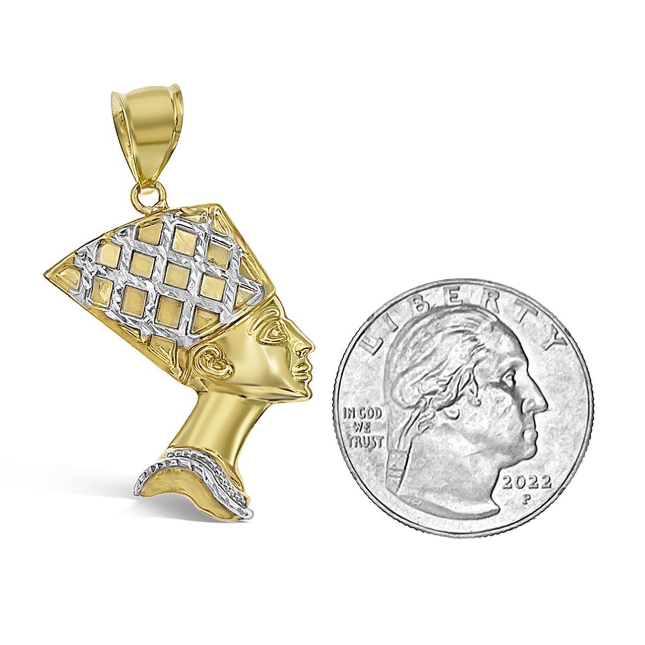 10k Yellow White Gold Egyptian Queen Nefertiti Pendant Charm 1.5 inch