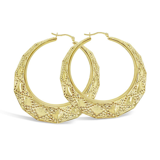 10K Yellow Gold Textured Hoop Earrings Womens Hinged 2.2 inch