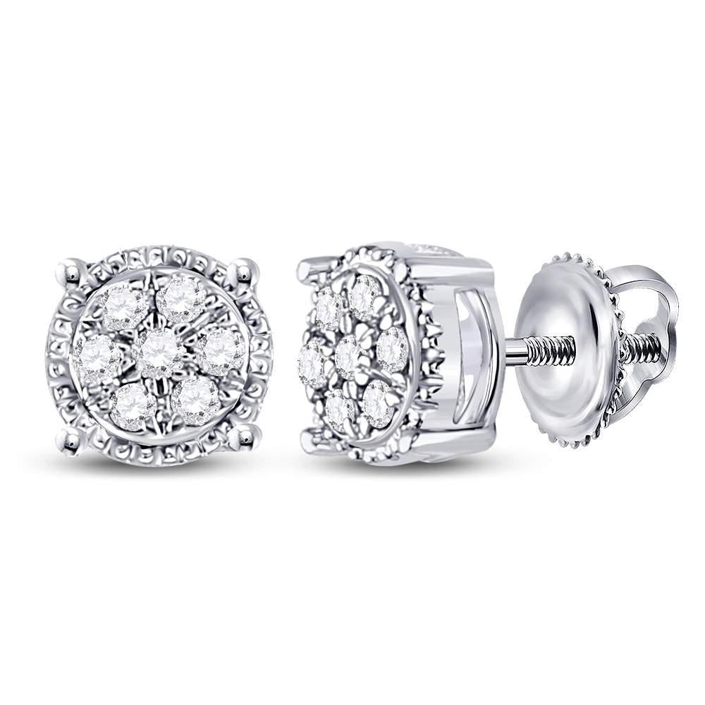 Diamond Stud Earrings 10K White Gold Round Cluster Screw Back