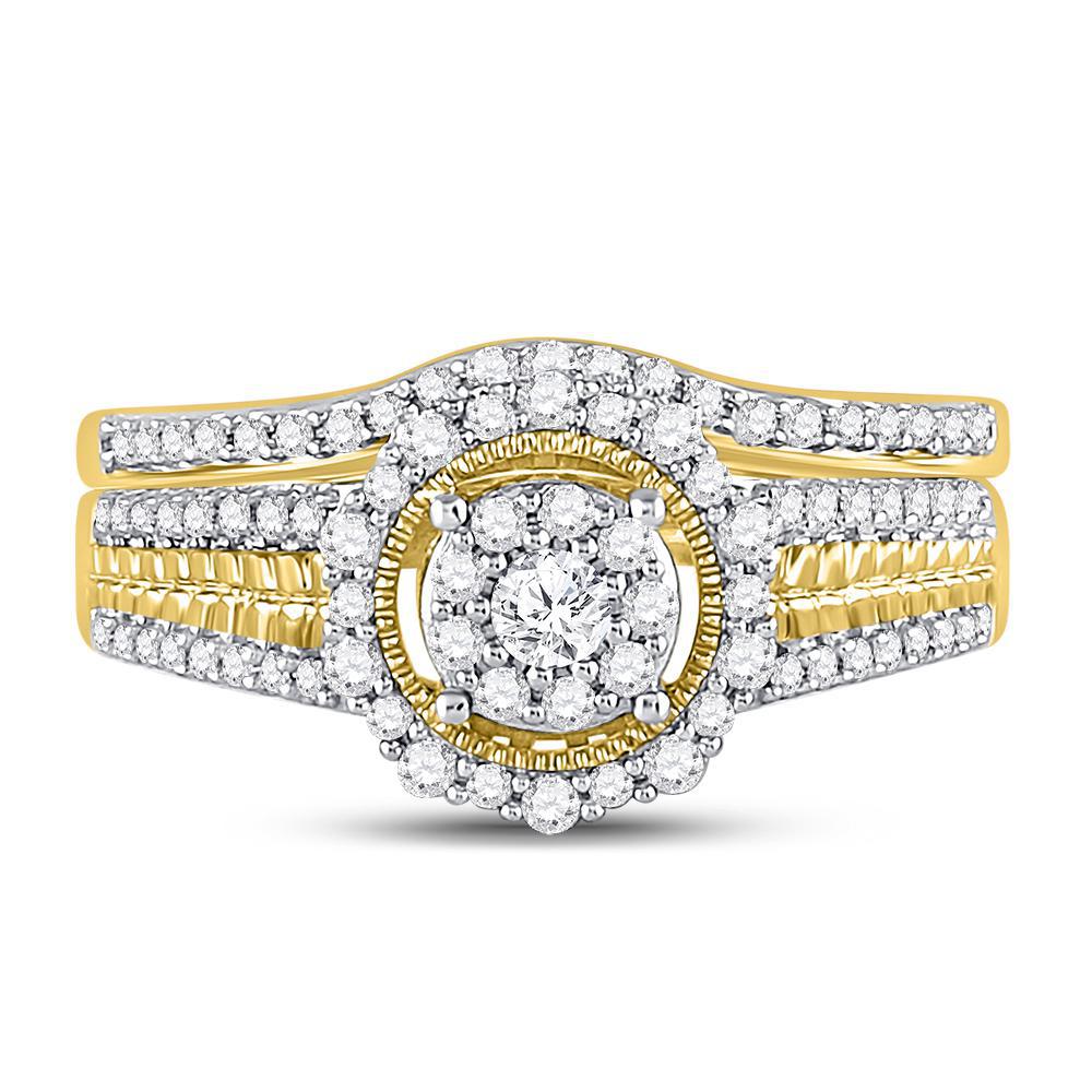 Diamond Cluster Engagement Bridal Ring Set in 14K Yellow Gold