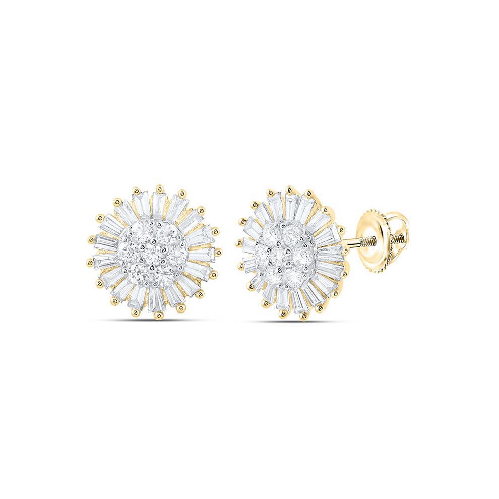 0.62Ctw Baguette Diamond Flower Cluster Stud Earrings 14k Yellow Gold Screw Back