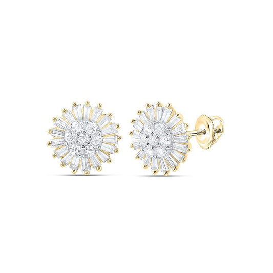 0.62Ctw Baguette Diamond Flower Cluster Stud Earrings 14k Yellow Gold Screw Back