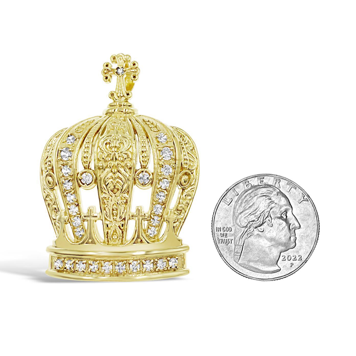 10K Yellow Gold Large Crown CZ Pendant Charm 2.1 inch