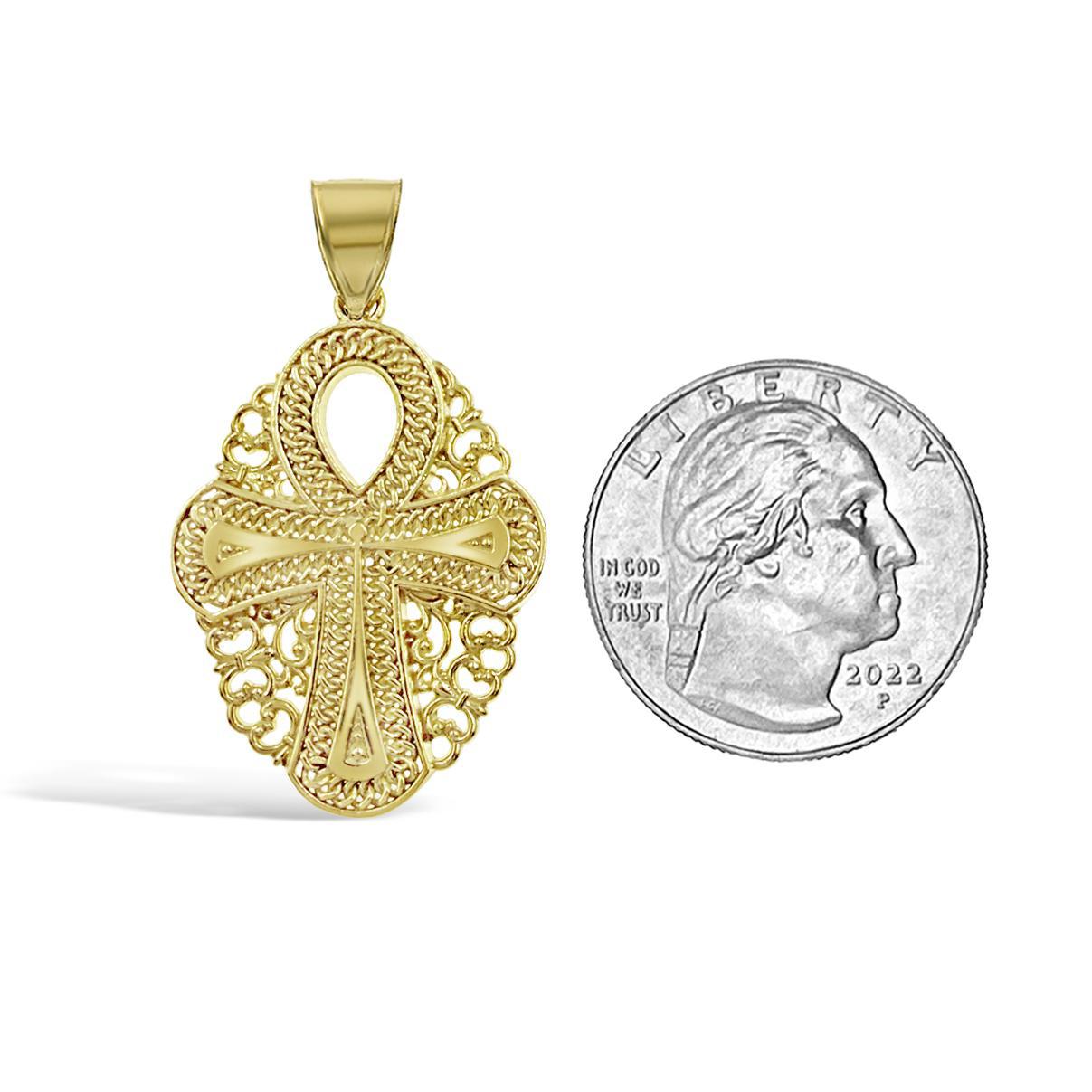 10K Yellow Gold Egyptian Ankh Cross Pendant Religious Mens Charm 1.4 inch